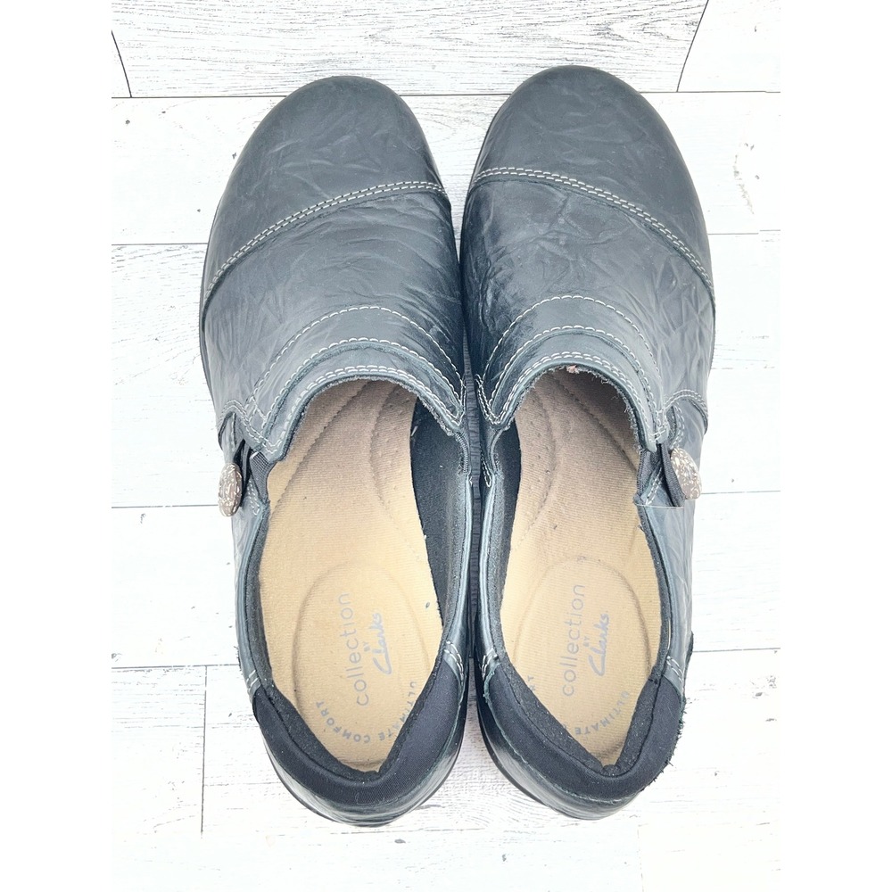 Clarks Collection Cheyn Madi Black Leather Ruched Slip On Loafers Women Sz 7.5M - Picture 9 of 10